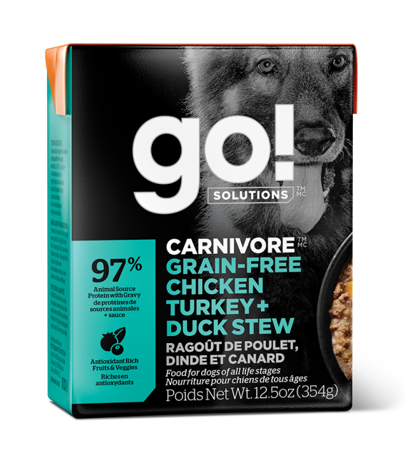 Go! Solutions Carnivore Grain-Free Chicken Turkey + Duck Stew 354g Tetra Pak Dog Wet Food/Toppers