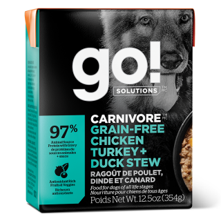 Go! Solutions Carnivore Grain-Free Chicken Turkey + Duck Stew 354g Tetra Pak Dog Wet Food/Toppers