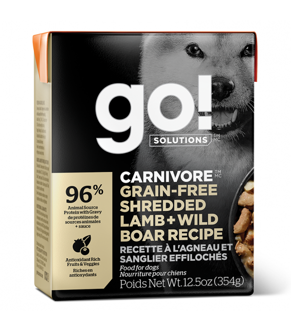 Go! Solutions Carnivore Grain-Free Shredded Lamb + Wild Boar Recipe 354g Tetra Pak Dog Wet Food/Toppers