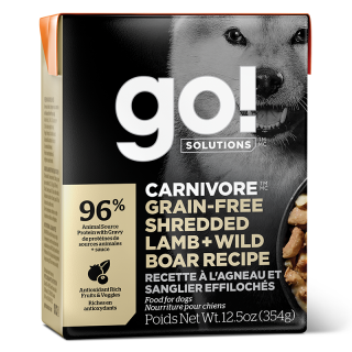 Go! Solutions Carnivore Grain-Free Shredded Lamb + Wild Boar Recipe 354g Tetra Pak Dog Wet Food/Toppers