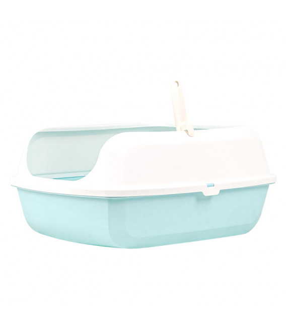 Simple Blue Open Top Cat Litter Box with Rim and Scoop