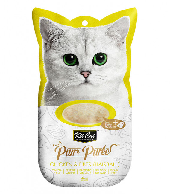 Kit Cat Purr Puree Chicken & Anti-Hairball Fiber 4 x 15g Grain-Free Cat Food Toppers/Treats