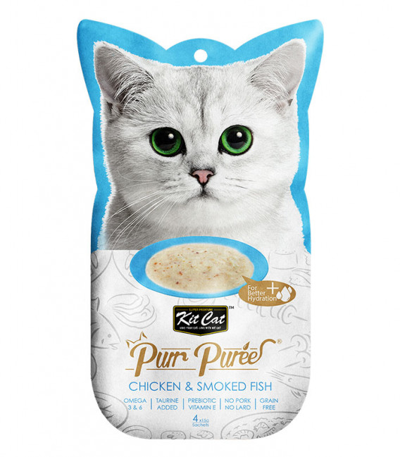 Kit Cat Purr Puree Chicken & Smoked Fish 4 x 15g Grain-Free Cat Food Toppers/Treats