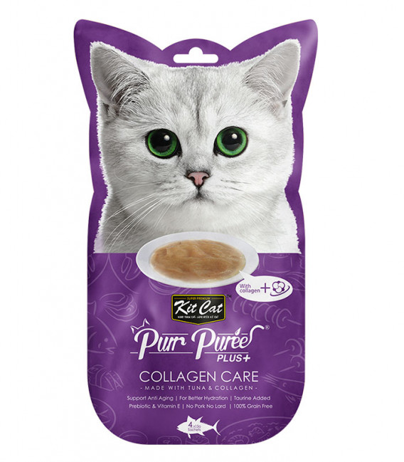Kit Cat Purr Puree Plus+ Tuna & Collagen - Collagen Care 4 x 15g Grain-Free Cat Food Toppers/Treats