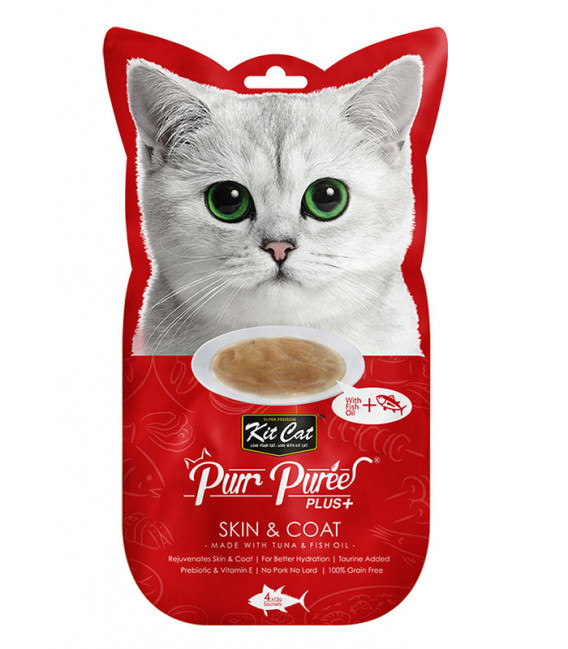 Kit Cat Purr Puree Plus+ Tuna & Fish Oil - Skin & Coat Care 4 x 15g Grain-Free Cat Food Toppers/Treats