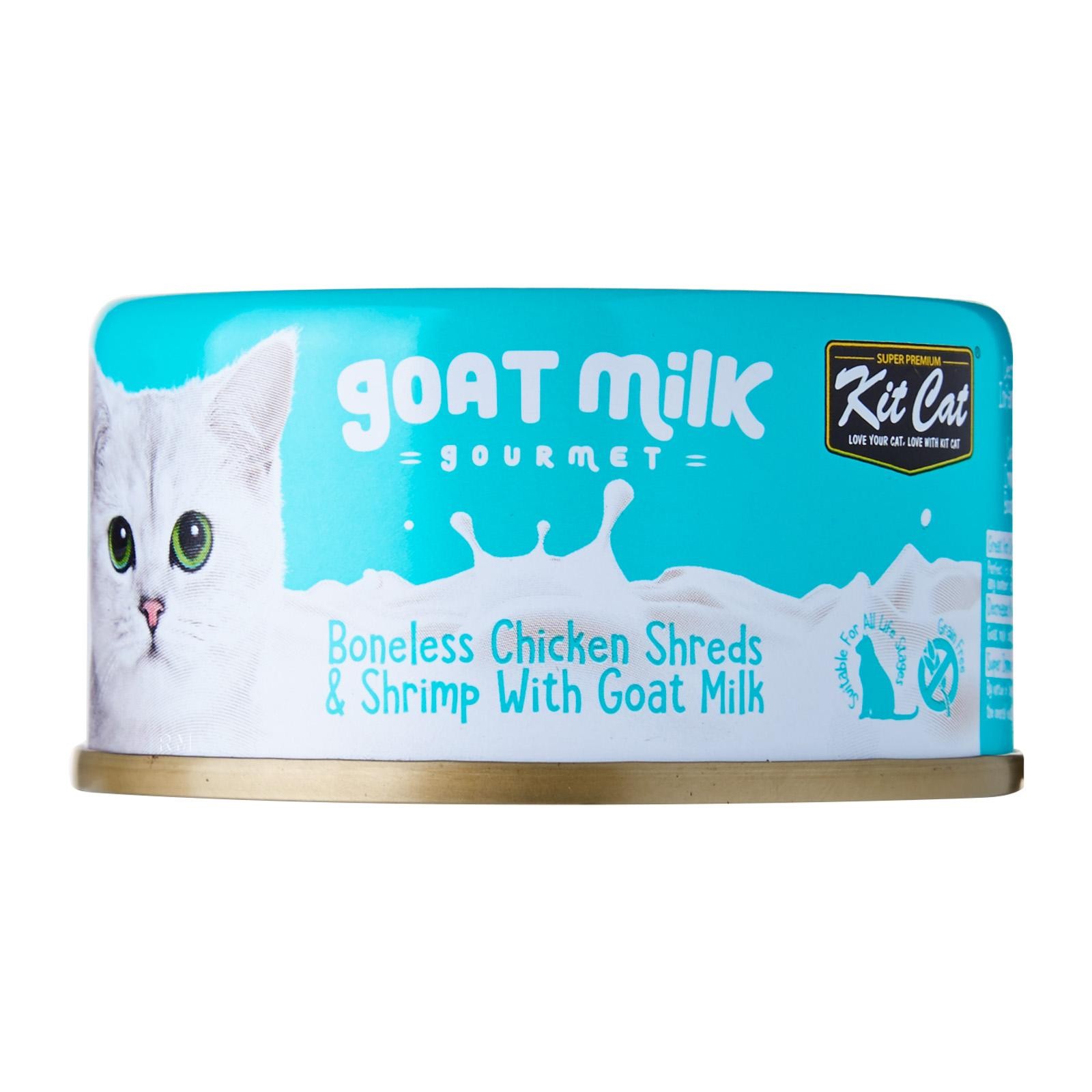 Kit Cat Goat Milk Gourmet BONELESS CHICKEN SHREDS & SHRIMP with Goat Milk  70g Grain-Free Cat Wet Food - Pet Warehouse