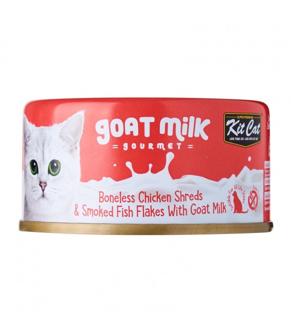 Kit Cat Goat Milk Gourmet BONELESS CHICKEN SHREDS & SMOKED FISH FLAKES with Goat Milk 70g Grain Free Cat Wet Food